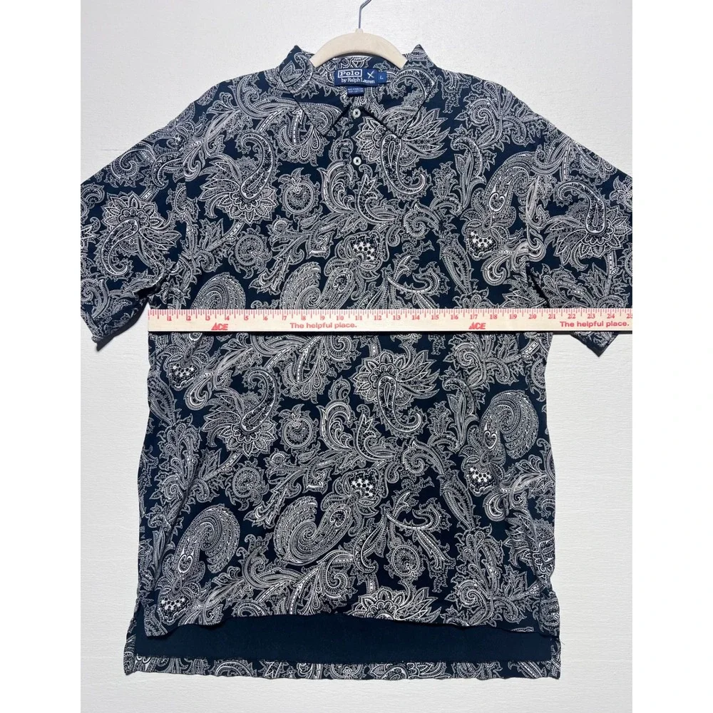 Polo Ralph Lauren Mens Large Navy Blue White Paisley Print Cotton Polo Shirt L